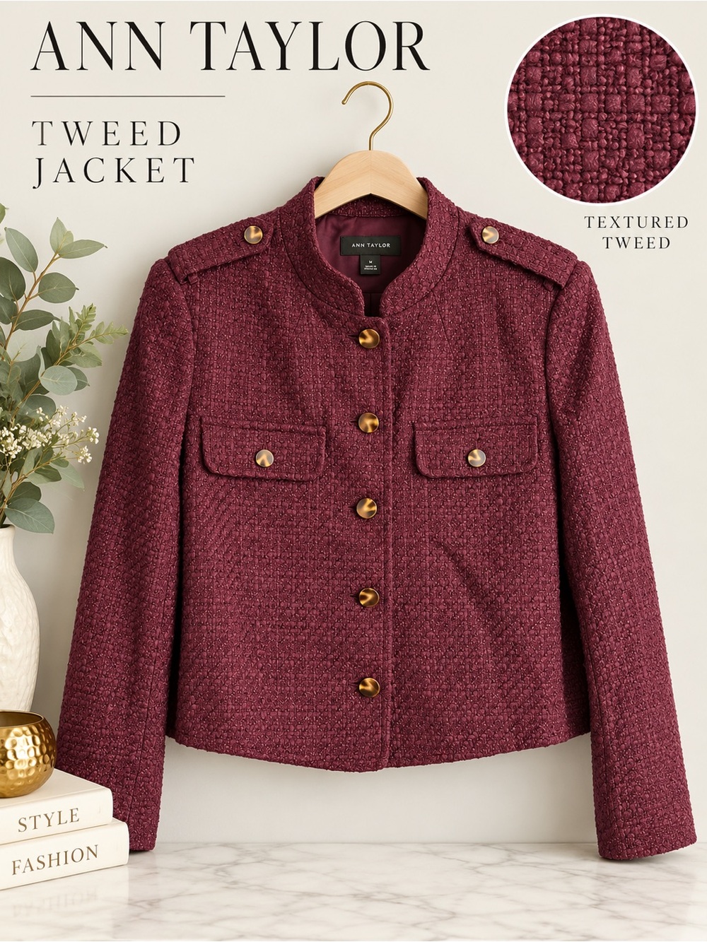 Ann Taylor Burgundy Tweed Military Jacket Blazer Size 14
